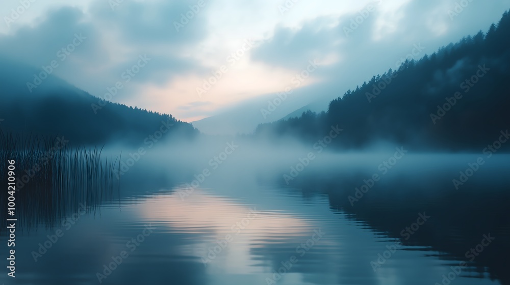 Fototapeta premium Tranquil Lake with Fog at Dawn