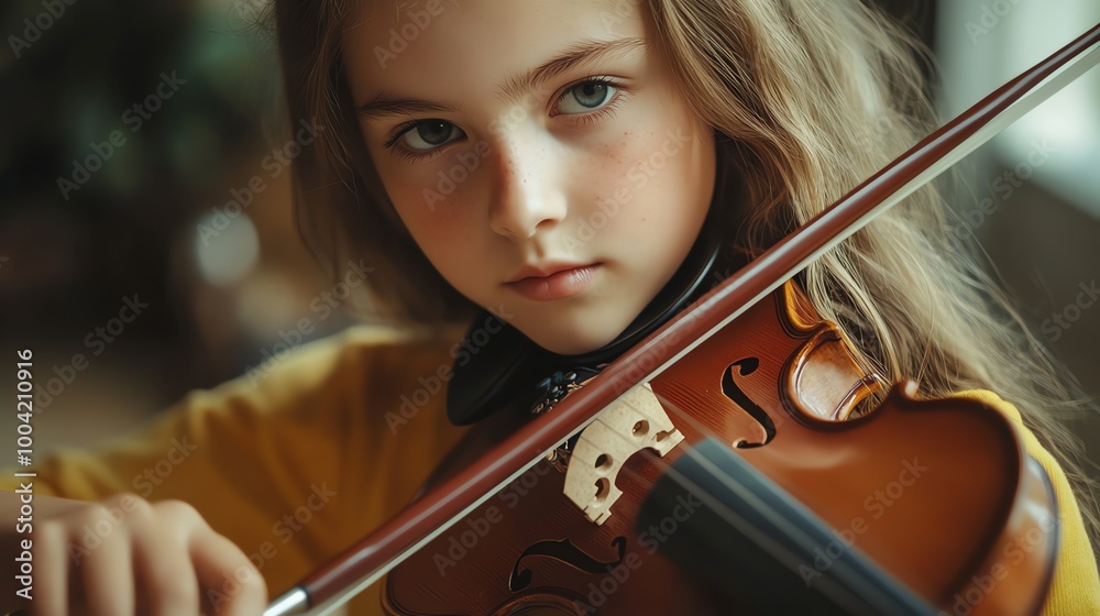 A young girl plays the violin, looking intently at the strings. A young girl plays the violin, looking intently at the strings.
