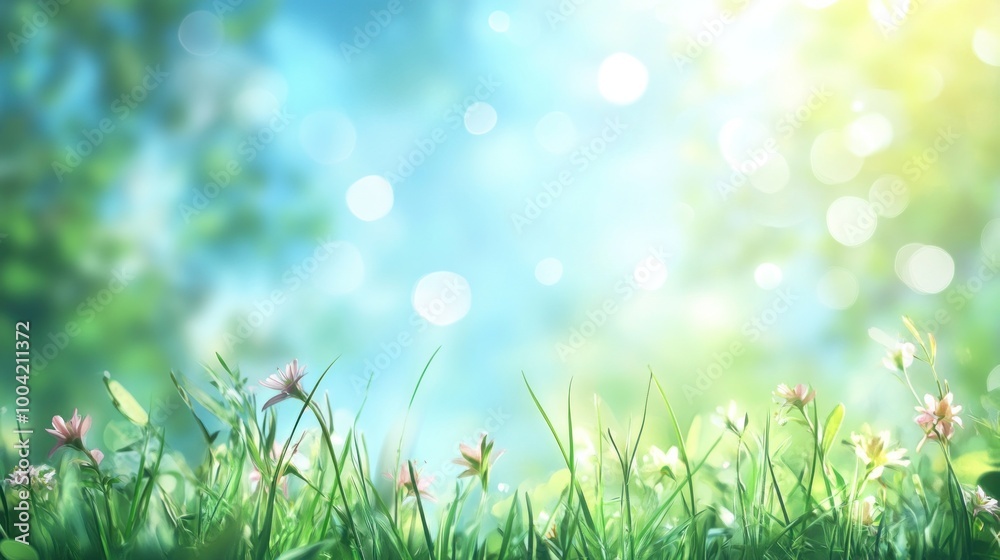 Vibrant green meadow filled with delicate wildflowers, basking in the soft glow of morning sunlight. Vibrant green meadow filled with delicate wildflowers, basking in the soft glow of morning sunlight.