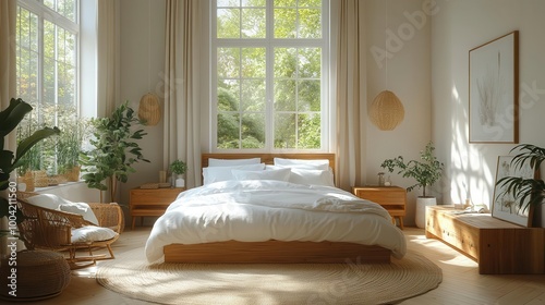 heavy fabric curtains elegantly draping in a modern bedroom complemented by white walls and wooden furniture creating a cozy and minimalist interior design