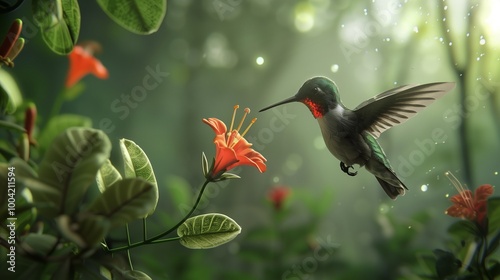 A lone hummingbird near a flower.