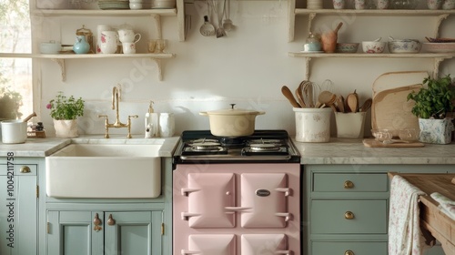 Pink Aga Stove in a Country Kitchen.