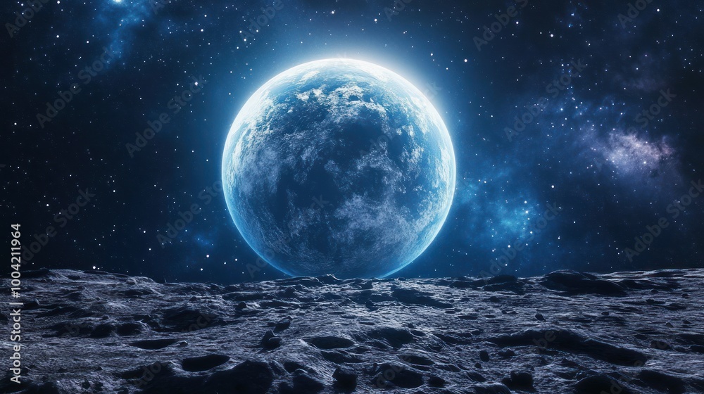 A stunning view of a blue planet rising above a rocky lunar surface, illuminated by ethereal light in the vastness of space. A stunning view of a blue planet rising above a rocky lunar surface, illuminated by ethereal light in the vastness of space.