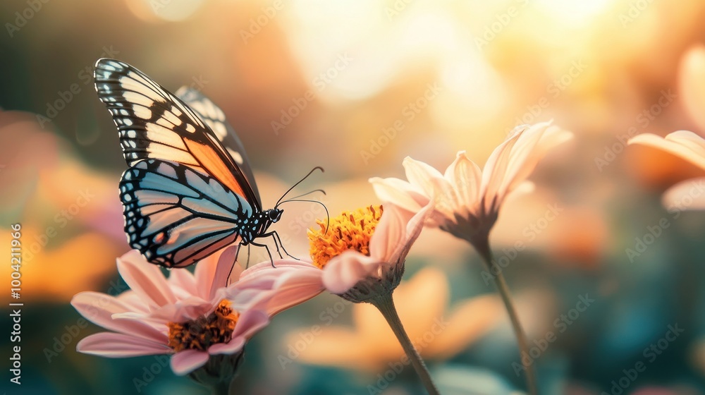 A butterfly perched on pink flowers, capturing the beauty of nature in soft light. A butterfly perched on pink flowers, capturing the beauty of nature in soft light.