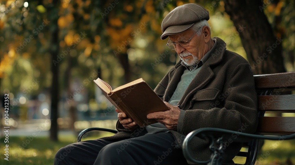 Elderly Caucasian man enjoying a book in a serene park setting surrounded by autumn leaves. Elderly Caucasian man enjoying a book in a serene park setting surrounded by autumn leaves.
