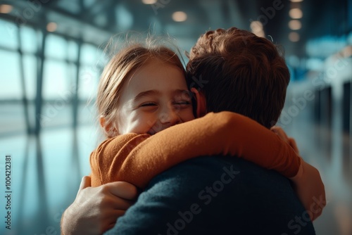 A joyful girl embraces a loved one, creating a heartfelt moment in an airport setting with natural daylight.