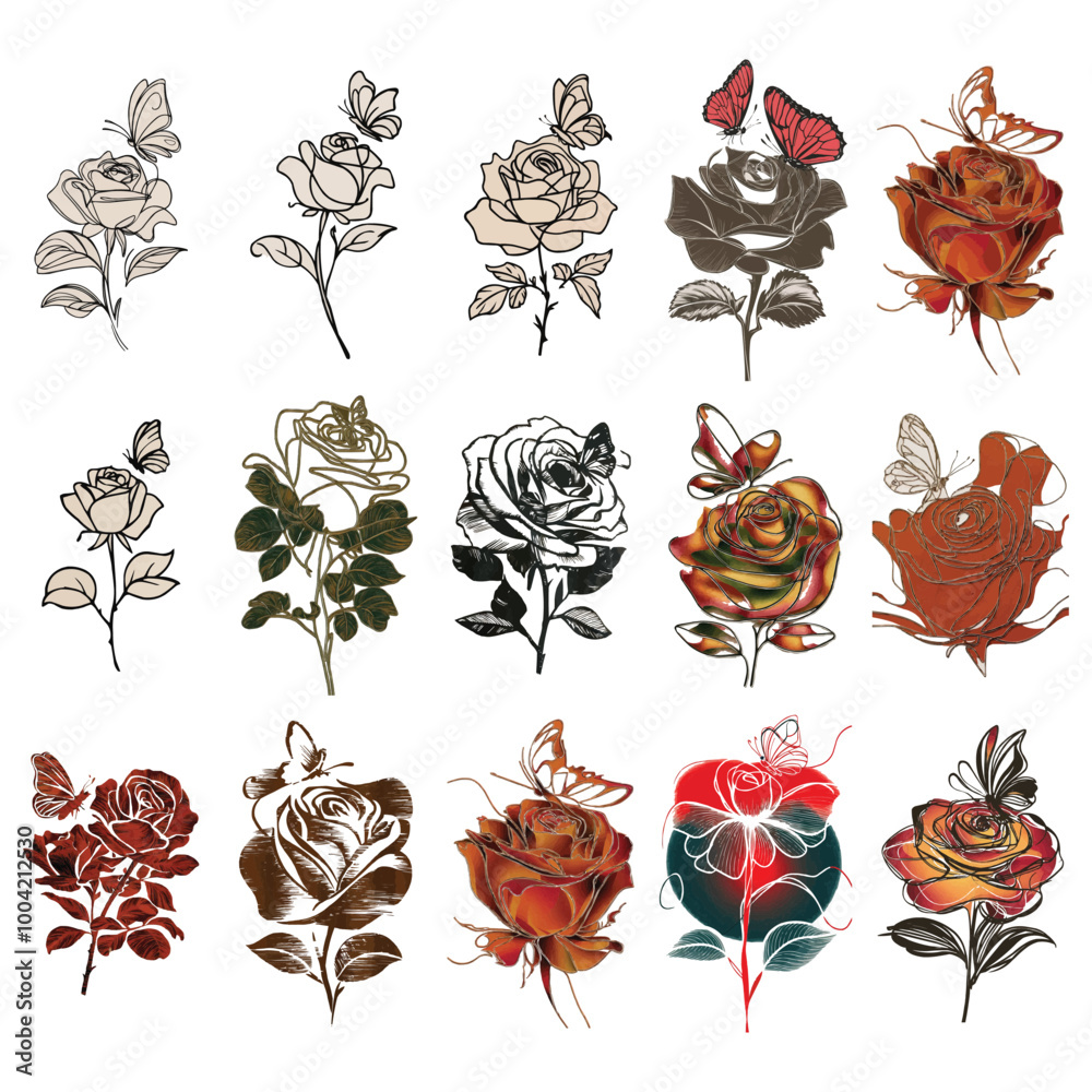 Fototapeta premium Set of Design a t-shirt with a silhouette line art illustration in an ultra minimal style, featuring the outline of a rose with a butterfly perched on top of it.