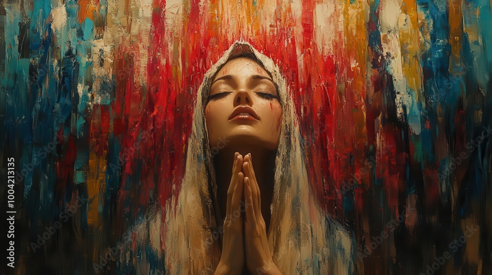 Naklejka premium historical depiction of mary in nazareth captured in an abstract colorful portrait the essence of spirituality fills the air allowing viewers to connect with the past in a modern art style