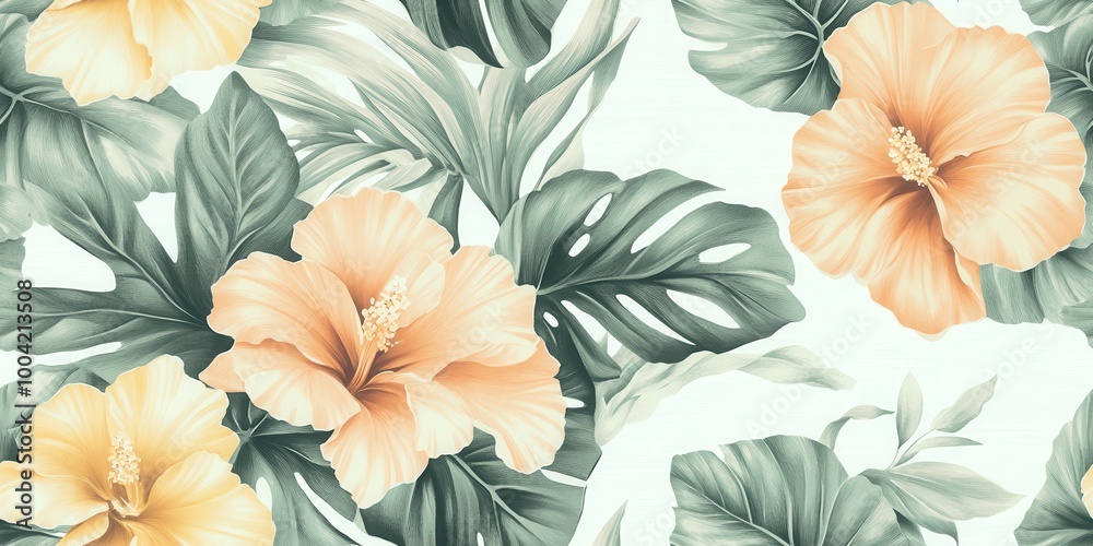 A vibrant floral pattern featuring hibiscus flowers and tropical leaves. A vibrant floral pattern featuring hibiscus flowers and tropical leaves.