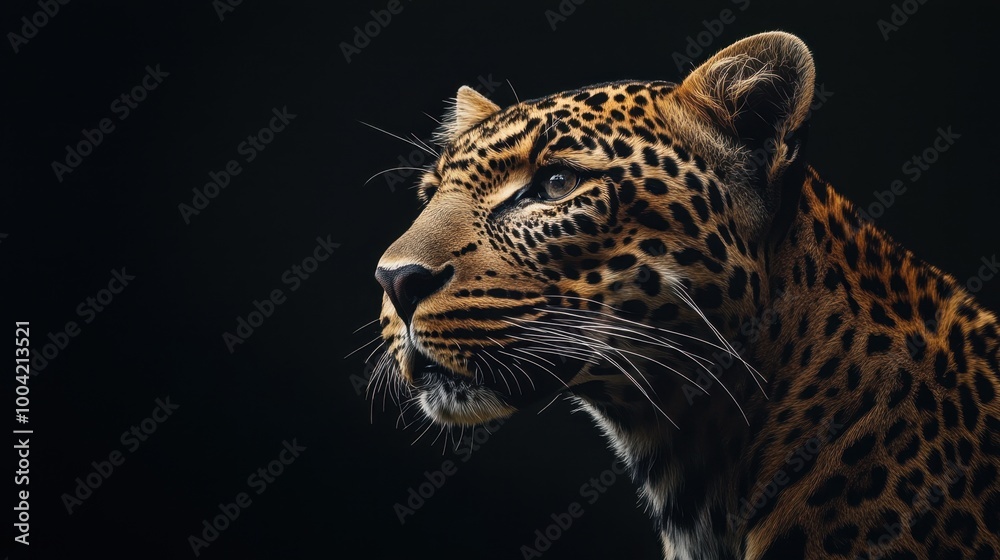 A powerful portrait of a majestic leopard against a black background, capturing the beauty and strength of this wild predator. A powerful portrait of a majestic leopard against a black background, capturing the beauty and strength of this wild predator.