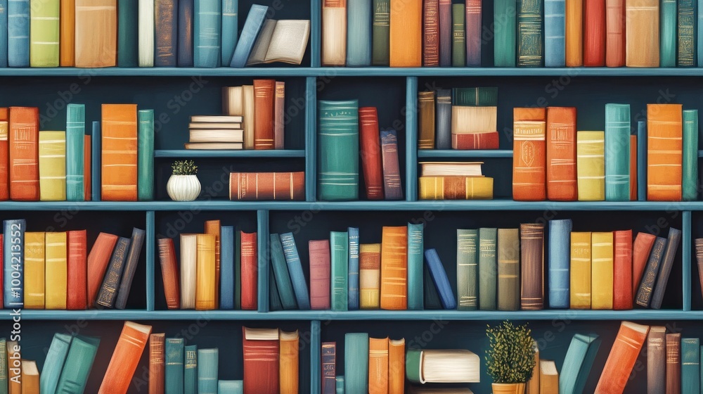 A vibrant bookshelf filled with colorful books of various sizes, creating a cozy and inviting atmosphere. A vibrant bookshelf filled with colorful books of various sizes, creating a cozy and inviting atmosphere.