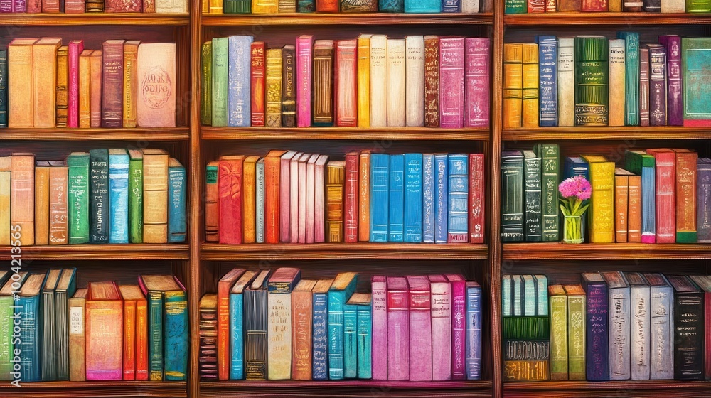 A vibrant and colorful bookshelf filled with a variety of books, adding a cozy touch to any reading nook. A vibrant and colorful bookshelf filled with a variety of books, adding a cozy touch to any reading nook.