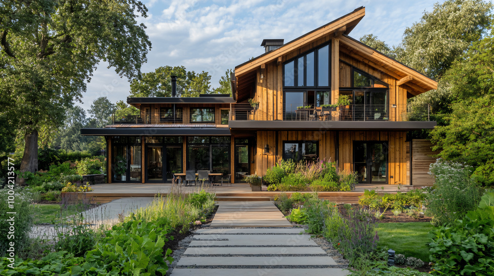 A traditional timber-framed facade with modern elements A traditional timber-framed facade with modern elements