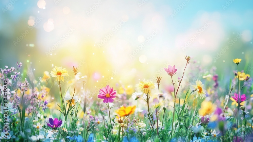 A vibrant array of wildflowers in a sunny meadow, showcasing a blend of colors and a tranquil atmosphere.