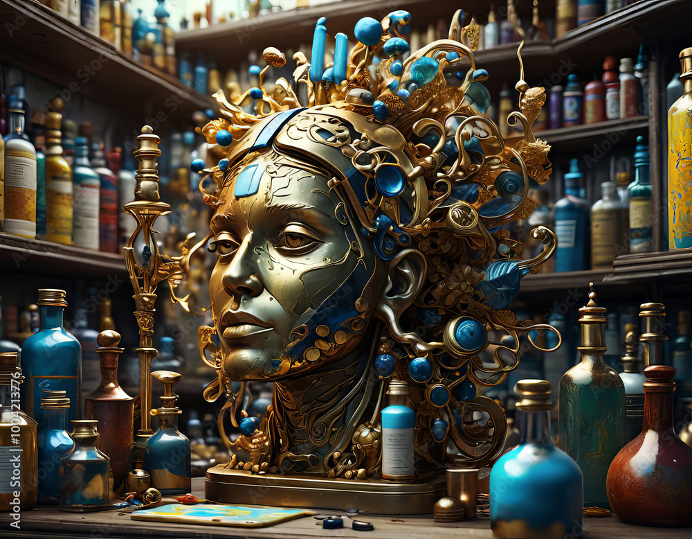 Obraz premium Vibrant Modern Art - Symbolic Face Pharmacy Pharmaceutical Bottles on Shelf