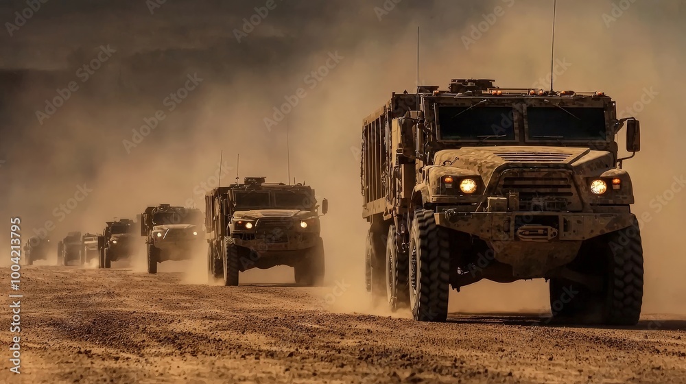 A military convoy featuring a large army truck in the lead, rolling through a barren desert, with camouflage paint and rugged wheels, ready for any mission A military convoy featuring a large army truck in the lead, rolling through a barren desert, with camouflage paint and rugged wheels, ready for any mission