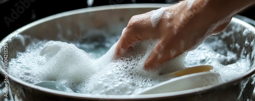 Hand washing dishes in dishwater with bubbles