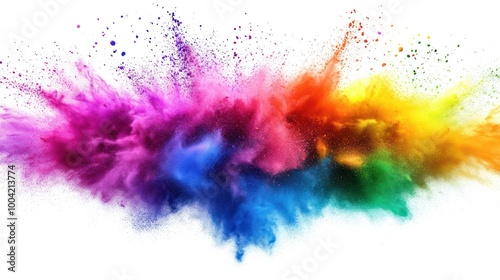 A vibrant explosion of colorful dust creating a dynamic splash of hues against a white background.