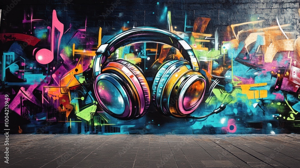 Naklejka premium Vibrant graffiti mural featuring oversized, colorful headphones and musical notes in an urban setting.