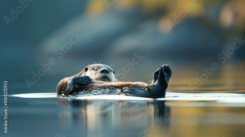 A lone otter floating on its back.