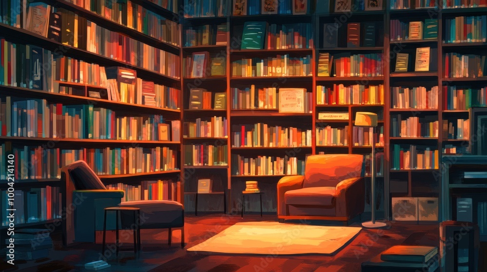 Cozy reading nook in a vibrant library filled with colorful books, creating a warm and inviting atmosphere. Cozy reading nook in a vibrant library filled with colorful books, creating a warm and inviting atmosphere.