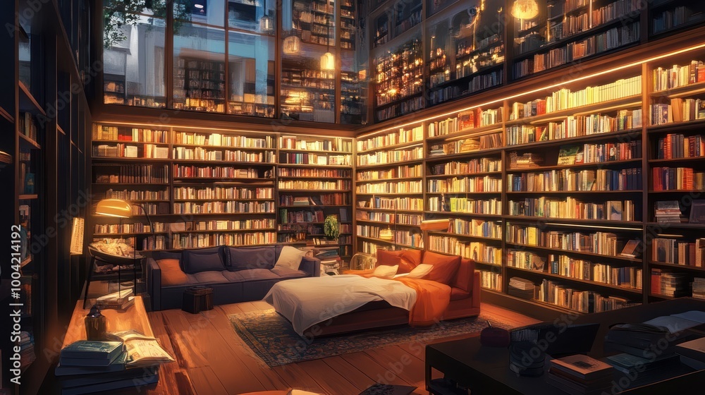 Cozy reading nook in a modern library with warm lighting and plush furniture, perfect for relaxation. Cozy reading nook in a modern library with warm lighting and plush furniture, perfect for relaxation.