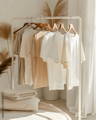 T-shirts in soft pastel hues hang from a minimalist clothing rack in a light-filled room, casting gentle shadows on a bright surface. 