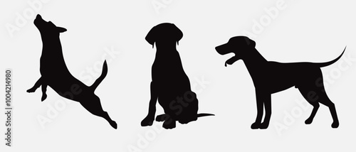 Dog silhouette collection vector. Dog in various poses and activities like jumping, sitting, running, playing, and standing. Silhouette black puppies, pet dog vector