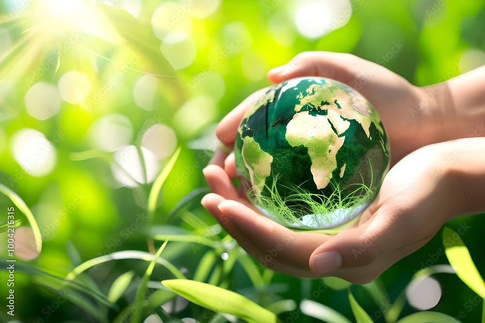 holding a cell phone with a globe Surrounded by nature, green bokeh background holding a cell phone with a globe Surrounded by nature, green bokeh background