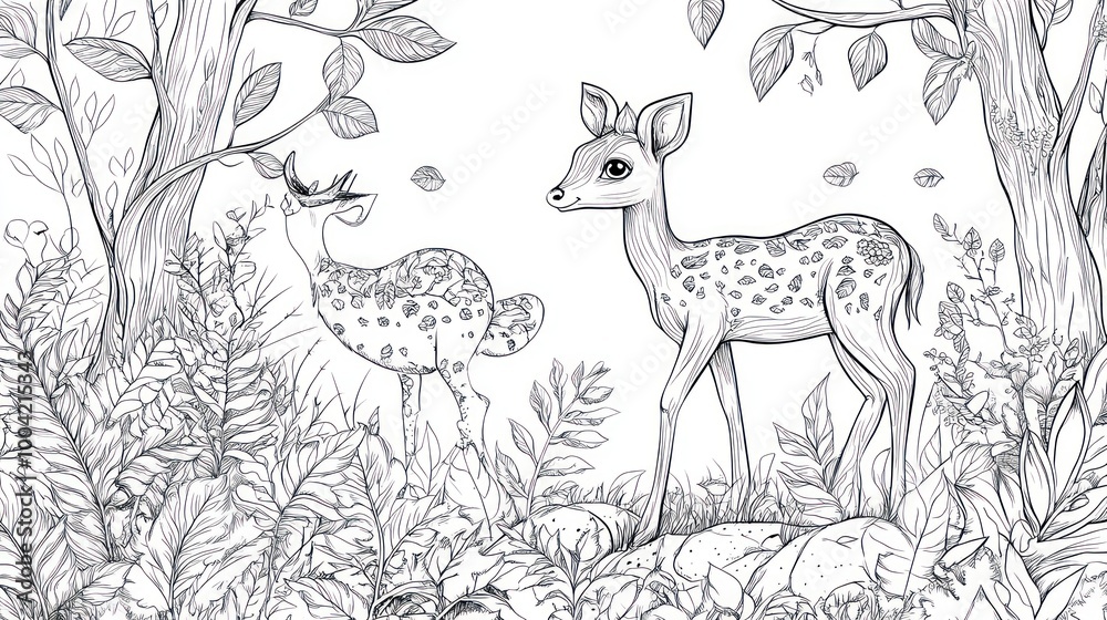 A serene illustration of two deer amidst lush foliage, capturing a peaceful forest scene. A serene illustration of two deer amidst lush foliage, capturing a peaceful forest scene.