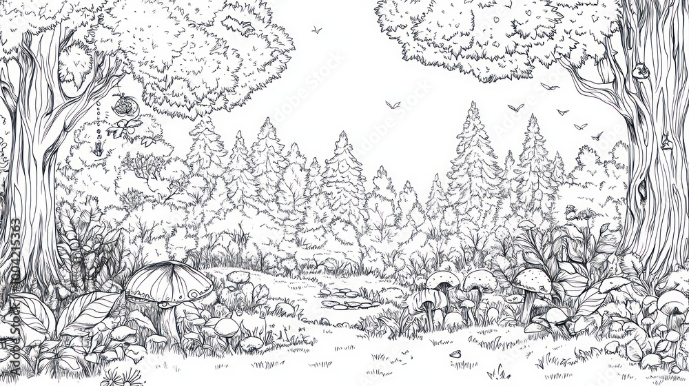 Naklejka premium A whimsical black and white illustration of a serene forest landscape, featuring tall trees, mushrooms, and a tranquil pond.