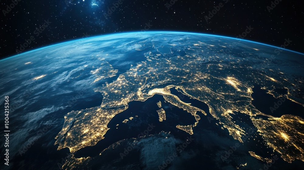 An aerial view of Europe at night, showcasing vibrant city lights against a dark backdrop of space. An aerial view of Europe at night, showcasing vibrant city lights against a dark backdrop of space.