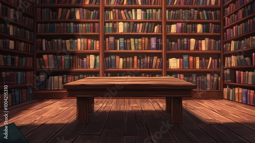 A cozy, atmospheric library featuring towering shelves filled with colorful books and a simple wooden table in warm lighting.