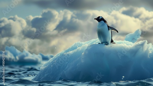A lone penguin on an iceberg.