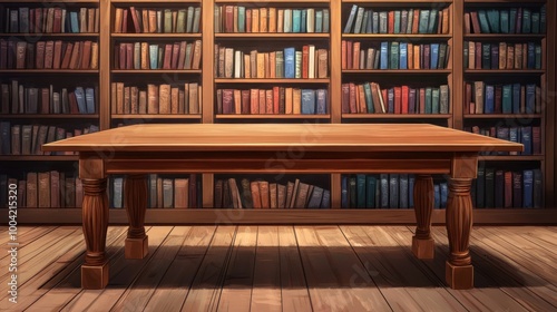 A spacious wooden table in front of a large bookshelf filled with colorful books, creating a warm and inviting atmosphere.