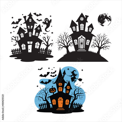 set of halloween, hunted house silhouette photo