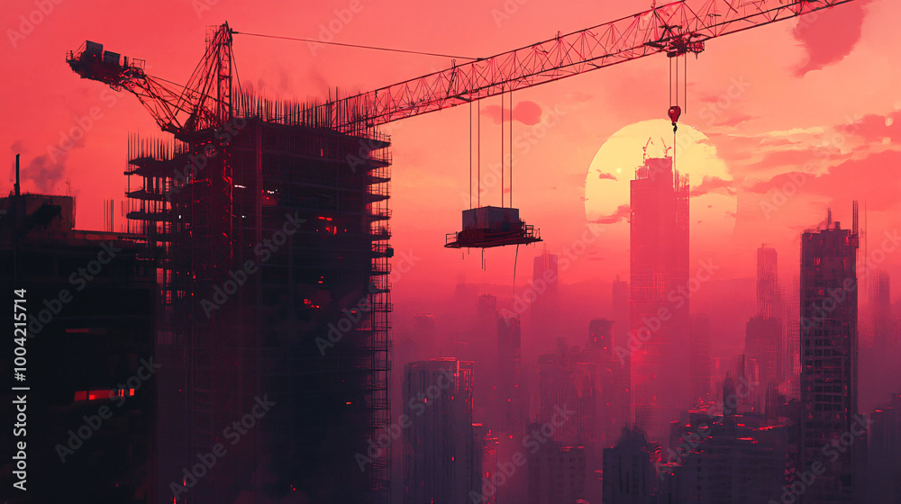 A towering crane lifting construction materials to the top of a half-built skyscraper. A towering crane lifting construction materials to the top of a half-built skyscraper.