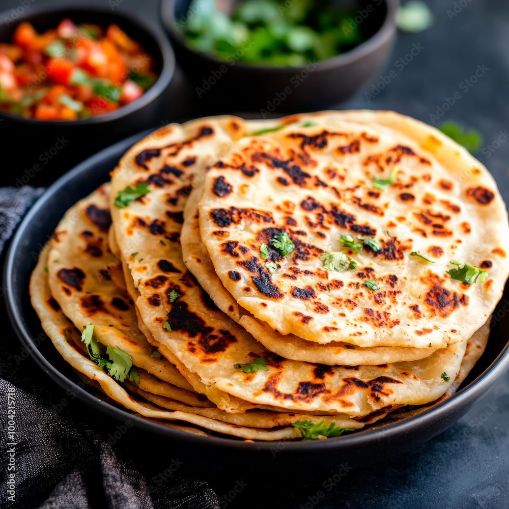 A plate of aloo paratha, with studio lighting emphasizing the crisp and golden texture of the stuffed flatbread. A plate of aloo paratha, with studio lighting emphasizing the crisp and golden texture of the stuffed flatbread.