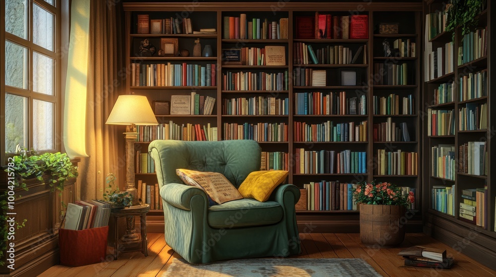 Cozy reading nook with comfortable teal armchair and vibrant book-filled shelves, creating a warm and inviting atmosphere. Cozy reading nook with comfortable teal armchair and vibrant book-filled shelves, creating a warm and inviting atmosphere.