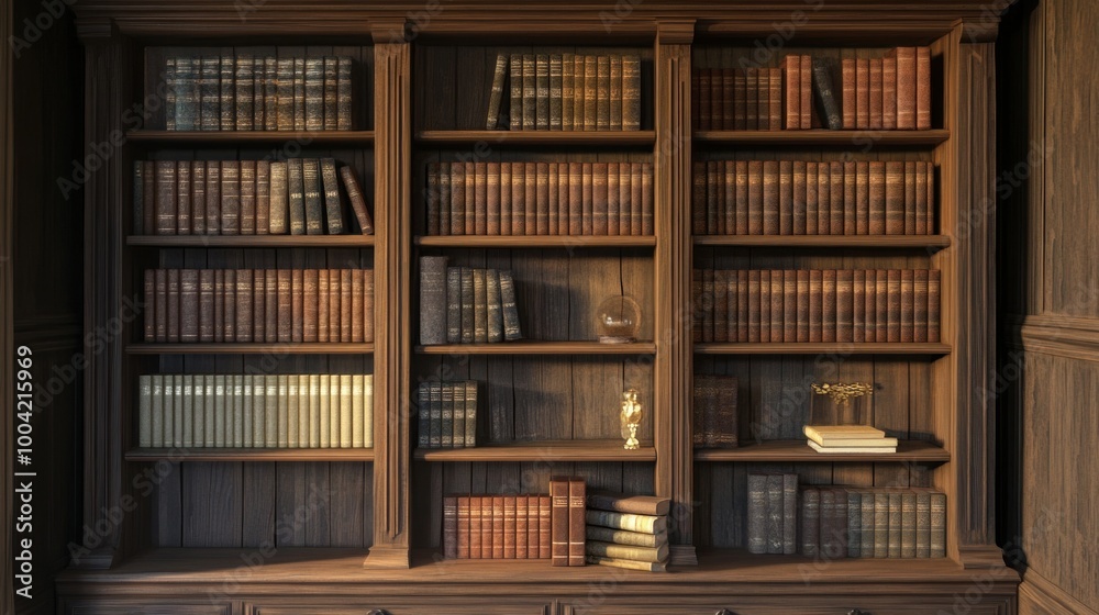A classic wooden bookshelf filled with antique books and elegant decor. A classic wooden bookshelf filled with antique books and elegant decor.