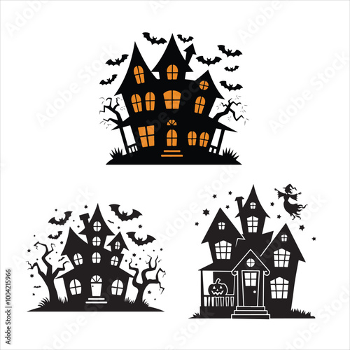 set of halloween, hunted house silhouette