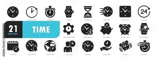 Set of glyph solid icons related to time, clock, calendar, timer. Glyph solid icons collection. Vector illustration.