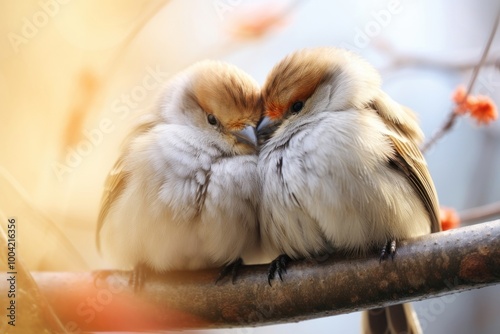 Birds cuddling sparrow animal beak.