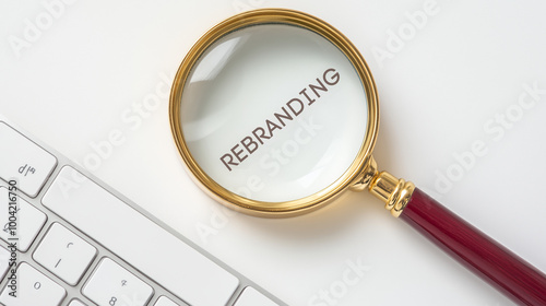  REBRANDING symbol through a magnifying glass s on a white background. Business and rebrand concept. photo