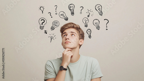 Thoughtful young man and drawn question marks on a grey background with space for text
