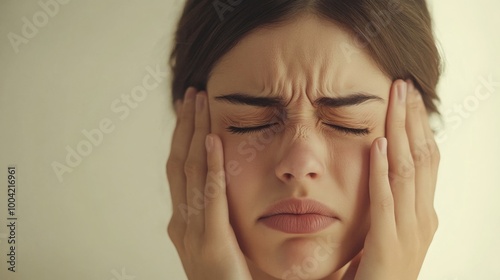 A woman holding her face, displaying distress or pain, with furrowed brows and a pained expression.