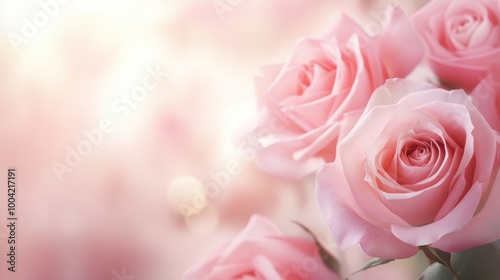 Delicate pink roses in soft focus, symbolizing love and beauty.