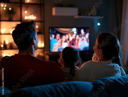 Family of three sitting on a sofa and watching TV together, enjoying a cozy movie night at home with warm ambient lighting.