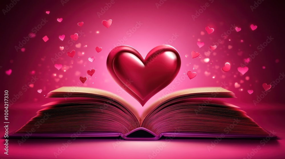 A vibrant red heart emerging from an open book, surrounded by floating pink hearts against a soft pink background. A vibrant red heart emerging from an open book, surrounded by floating pink hearts against a soft pink background.