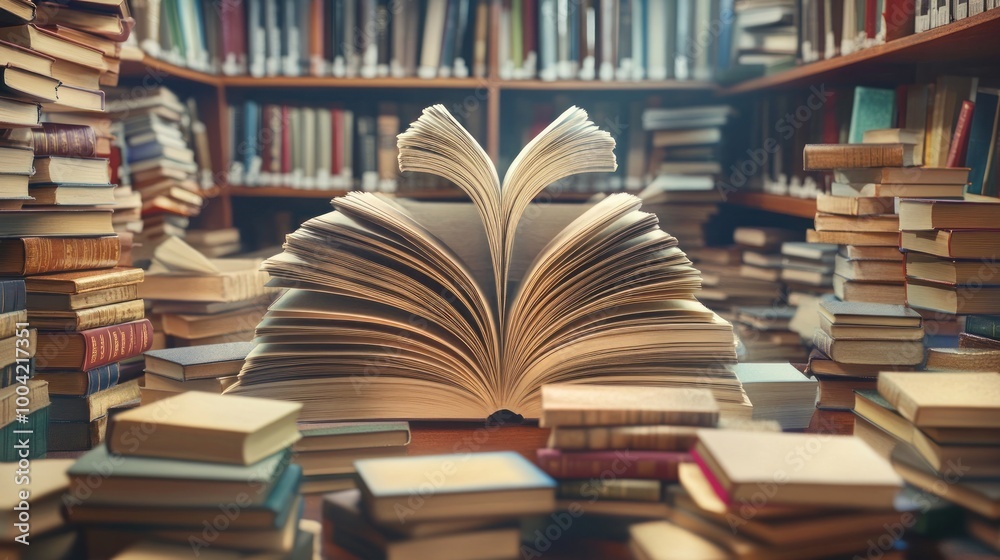 An open book in a cozy library surrounded by stacks of vintage literature, creating a warm and inviting atmosphere. An open book in a cozy library surrounded by stacks of vintage literature, creating a warm and inviting atmosphere.